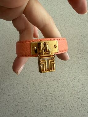 Tory Burch Peach Leather Bracelet with Gold Signature Charm Adjustable Dust Bag